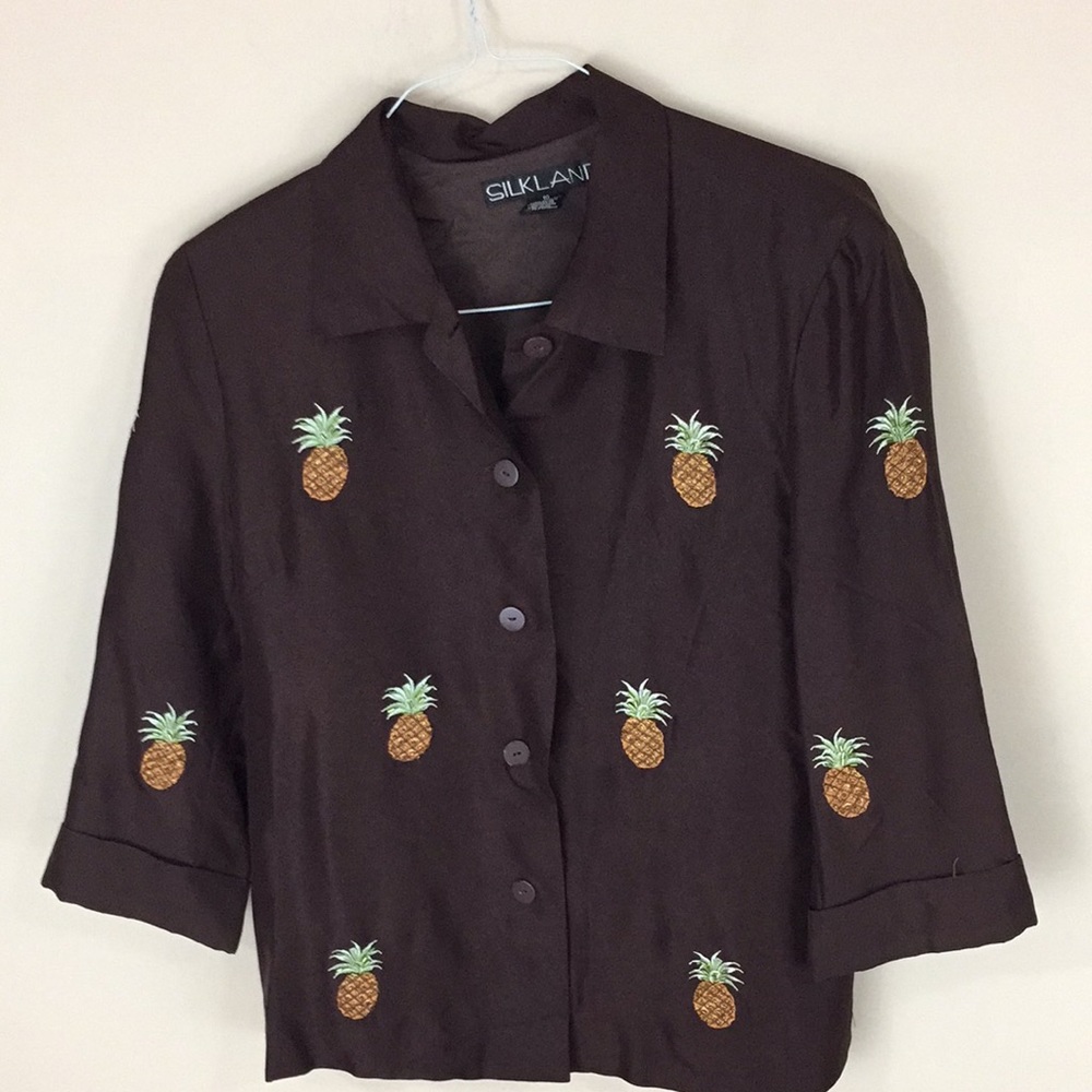 Silkland Brown Silk Top with Embroidered Beaded Pineapples Size 10
